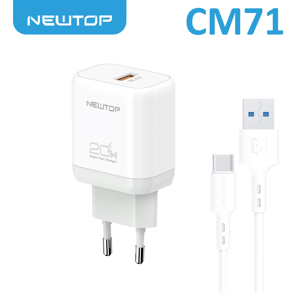 NEWTOP CM71 CARICATORE DA MURO QC 3.0 20W CON CAVO USB/TYPE-C