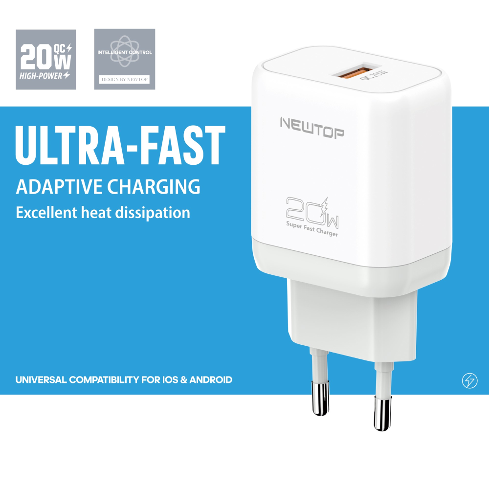 NEWTOP CM71 CARICATORE DA MURO QC 3.0 20W CON CAVO USB/TYPE-C