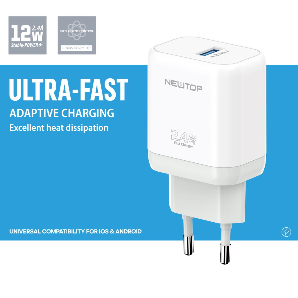 NEWTOP CM72 CARICATORE DA MURO 1USB 12W 2.4A CON CAVO USB/TYPE-C
