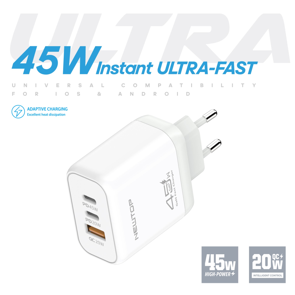 NEWTOP CM74 CARICATORE DA MURO USB-A + 2C 45W