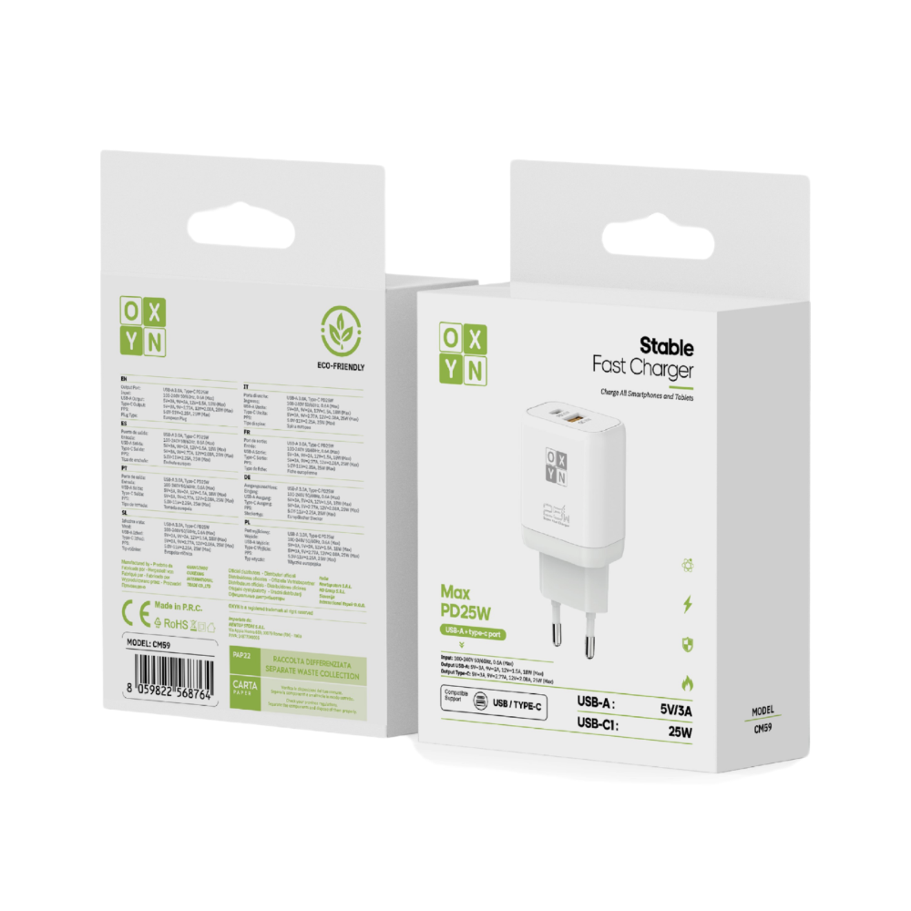 OXYN CM59 CARICATORE DA MURO USB-A + PD 25W