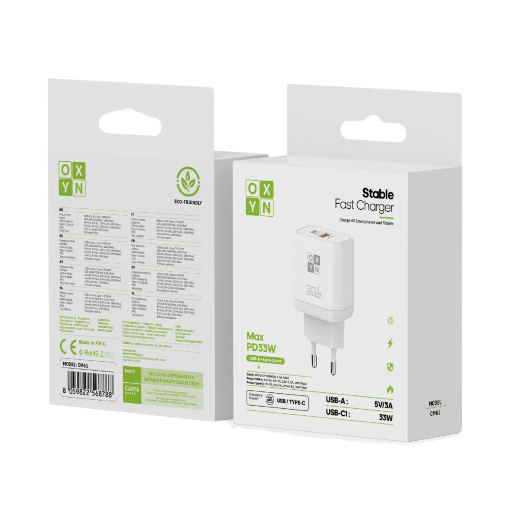OXYN CM61 CARICATORE DA MURO USB-A + PD 33W