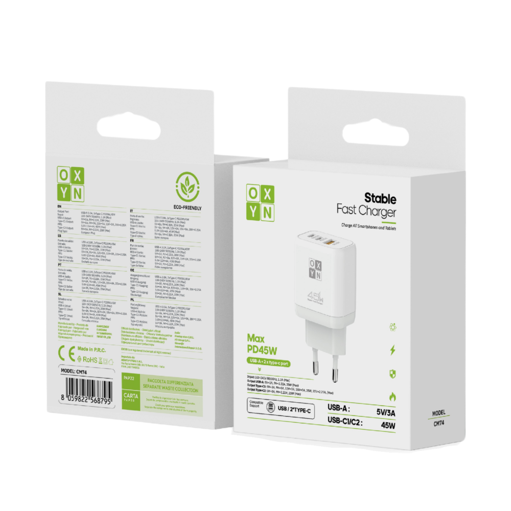 OXYN CM74 CARICATORE DA MURO USB-A + 2C 45W