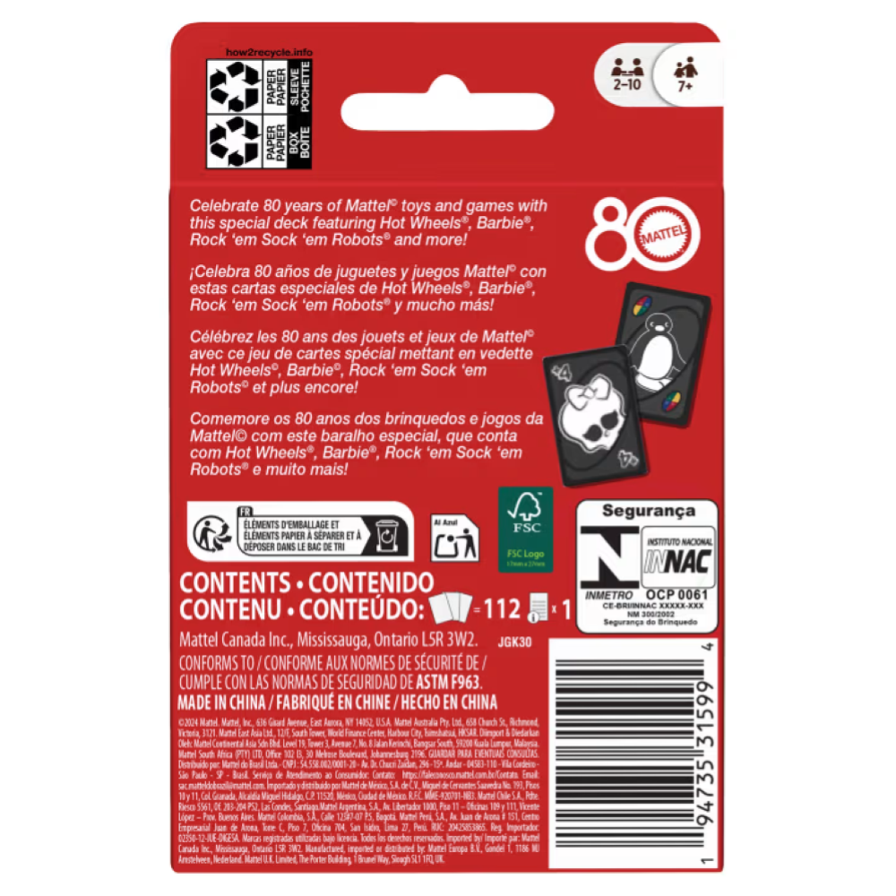 CARTE UNO MATTEL 80th ANNIVERSARY RUBY RED JGK30