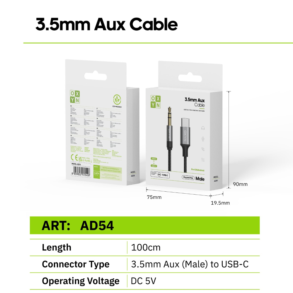 OXYN AD54 CAVO AUDIO DA TYPE-C M A JACK 3.5MM M