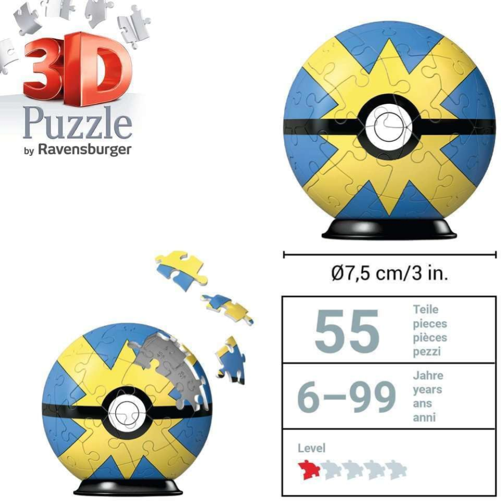 Ravensburger Puzzle 3D - Puzzleball 54 pc Pokémon Quick Ball gialla-blu 11580