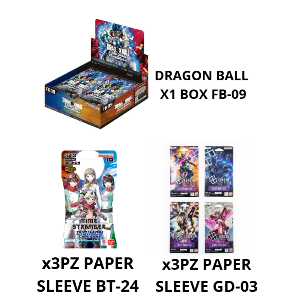 BUNDLE DRAGON BALL FB-09 X1BOX + DIGIMON BT-24 X3PZ  +  GUNDAM GD-03 X3PZ