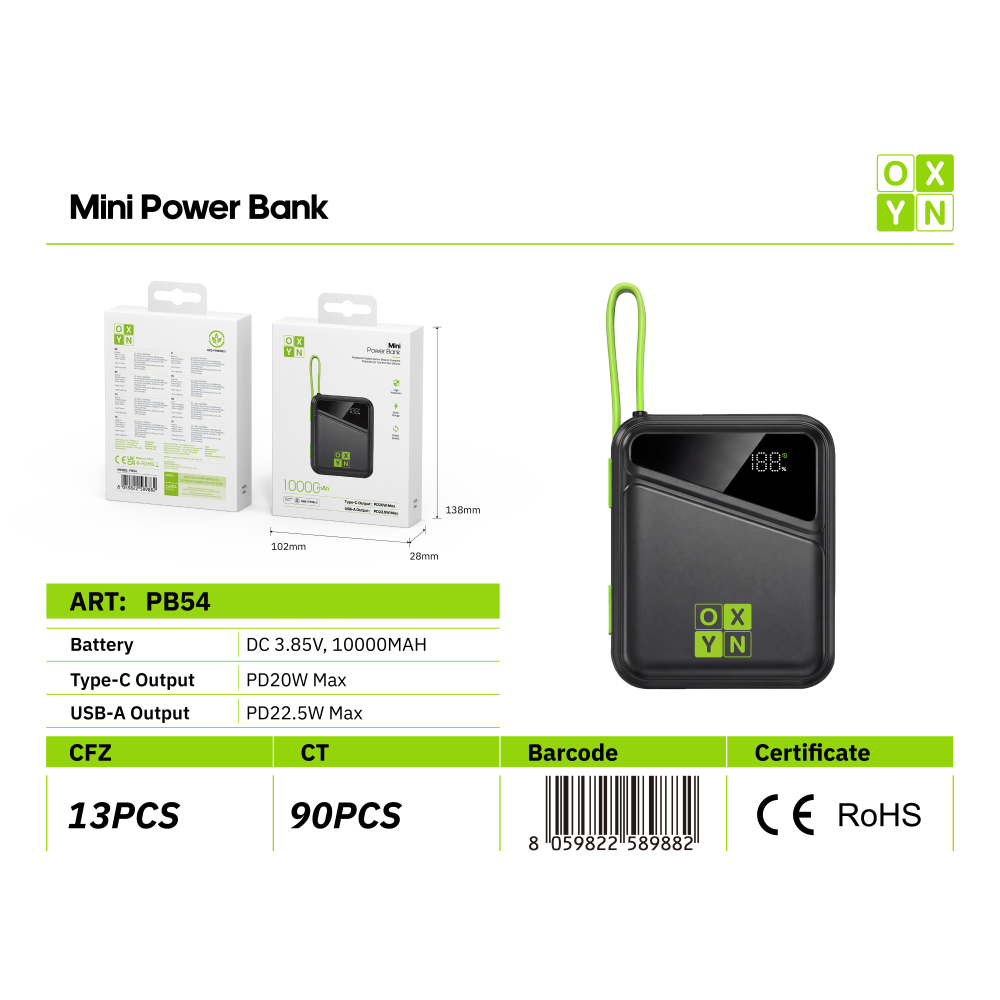 OXYN PB54 POWER BANK 5V/3A 10000MAH NERO