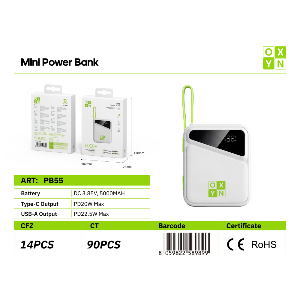 OXYN PB55 POWER BANK 5V/3A 5000MAH BIANCO