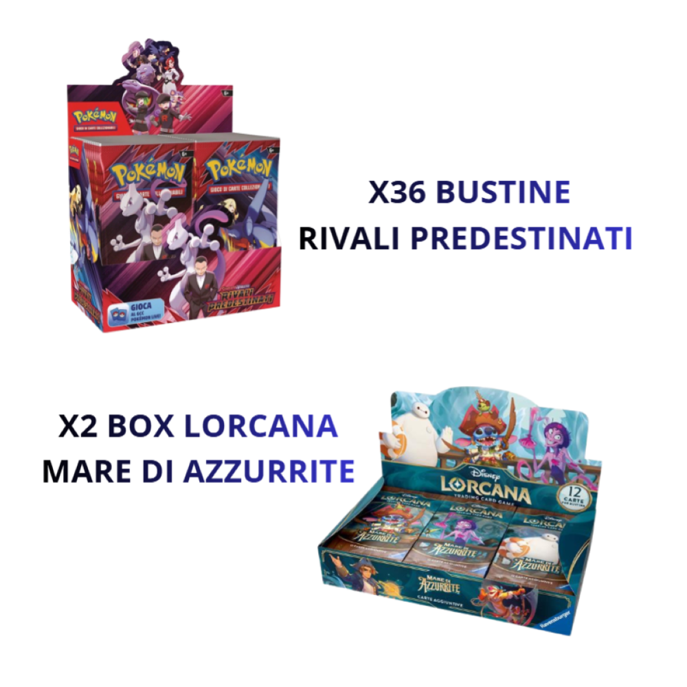 BUNDLE Pokemon - DISPLAY in Esp. 36 RIVALI PREDESTINATI + 2 BOX LORCANA MARE DI AZZURRITE