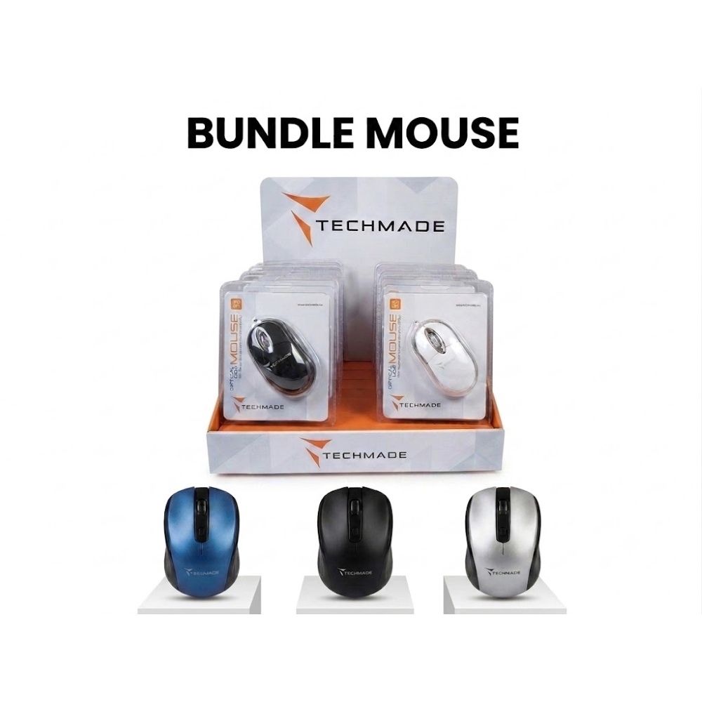 TECHMADE BUNDLE 15PZ - MOUSE OTTICO USB 800 DPI IN 3 COLORI -  CON ESPOSITORE DA BANCO