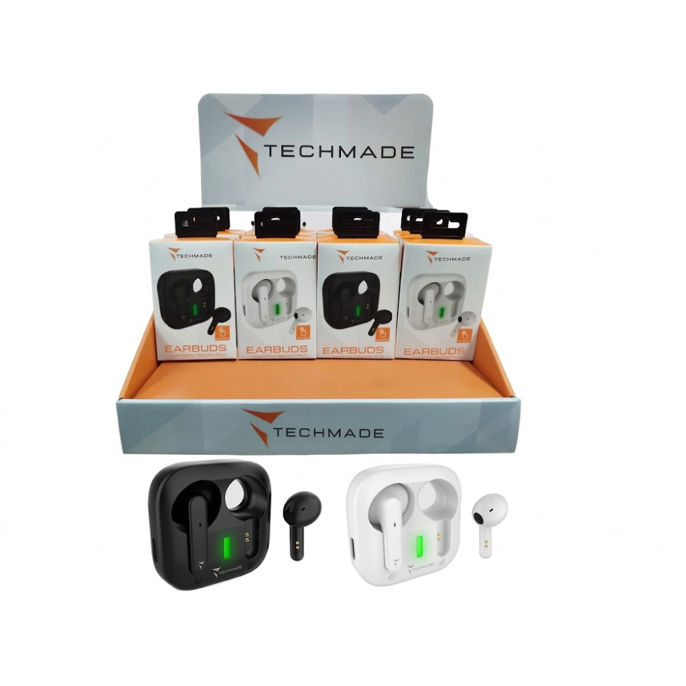 TECHMADE BUNDLE 12PZ - AURICOLARI WIRELESS COLORE WHITE/BLACK- CON ESPOSITORE DA BANCO