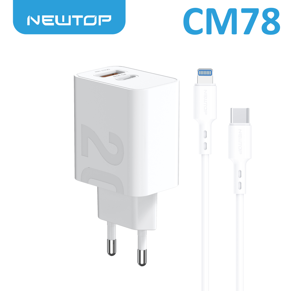 NEWTOP CM78 CARICATORE DA MURO QC 3.0 + PD 20W CON CAVO TYPE-C/LIGHTNING
