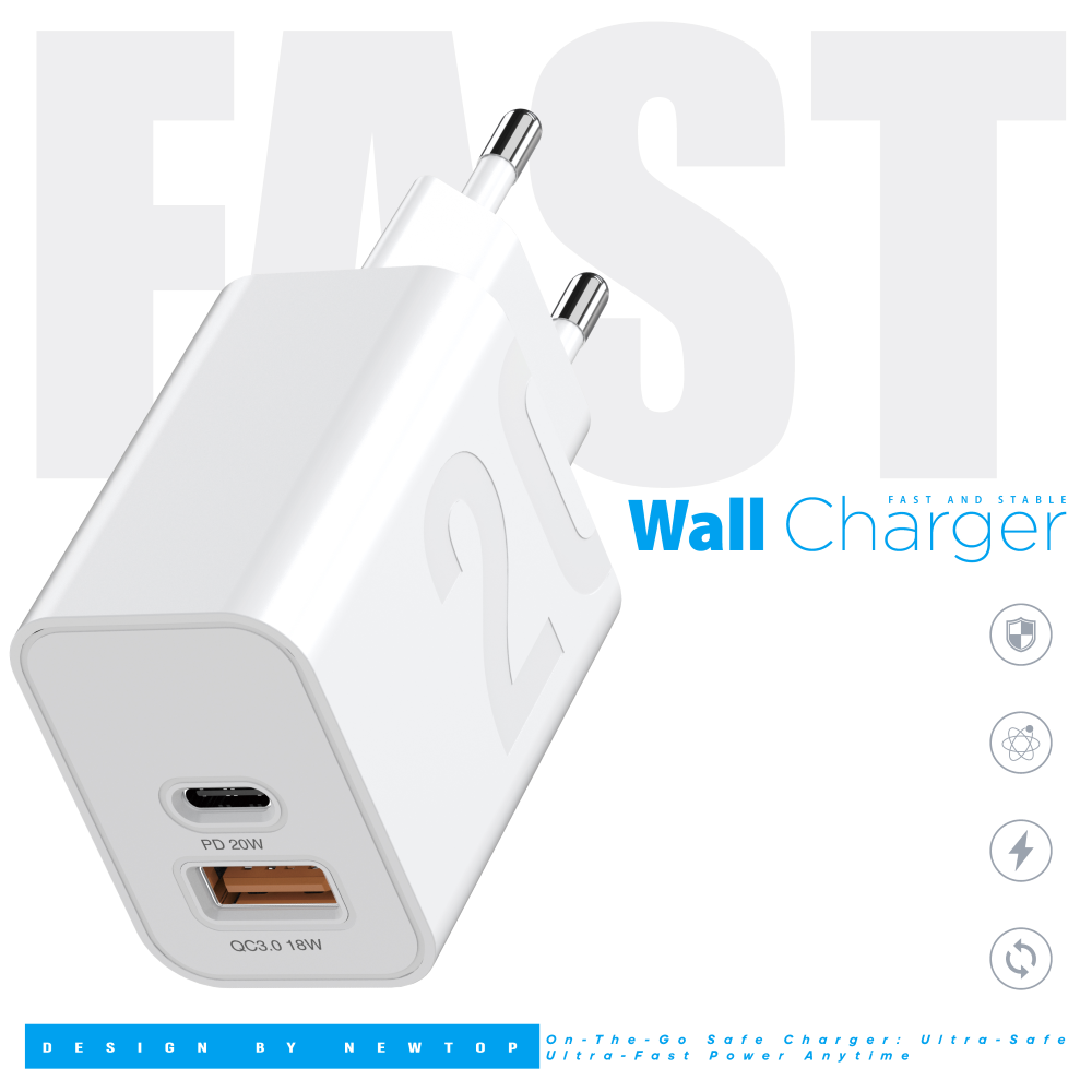 NEWTOP CM78 CARICATORE DA MURO QC 3.0 + PD 20W CON CAVO TYPE-C/LIGHTNING