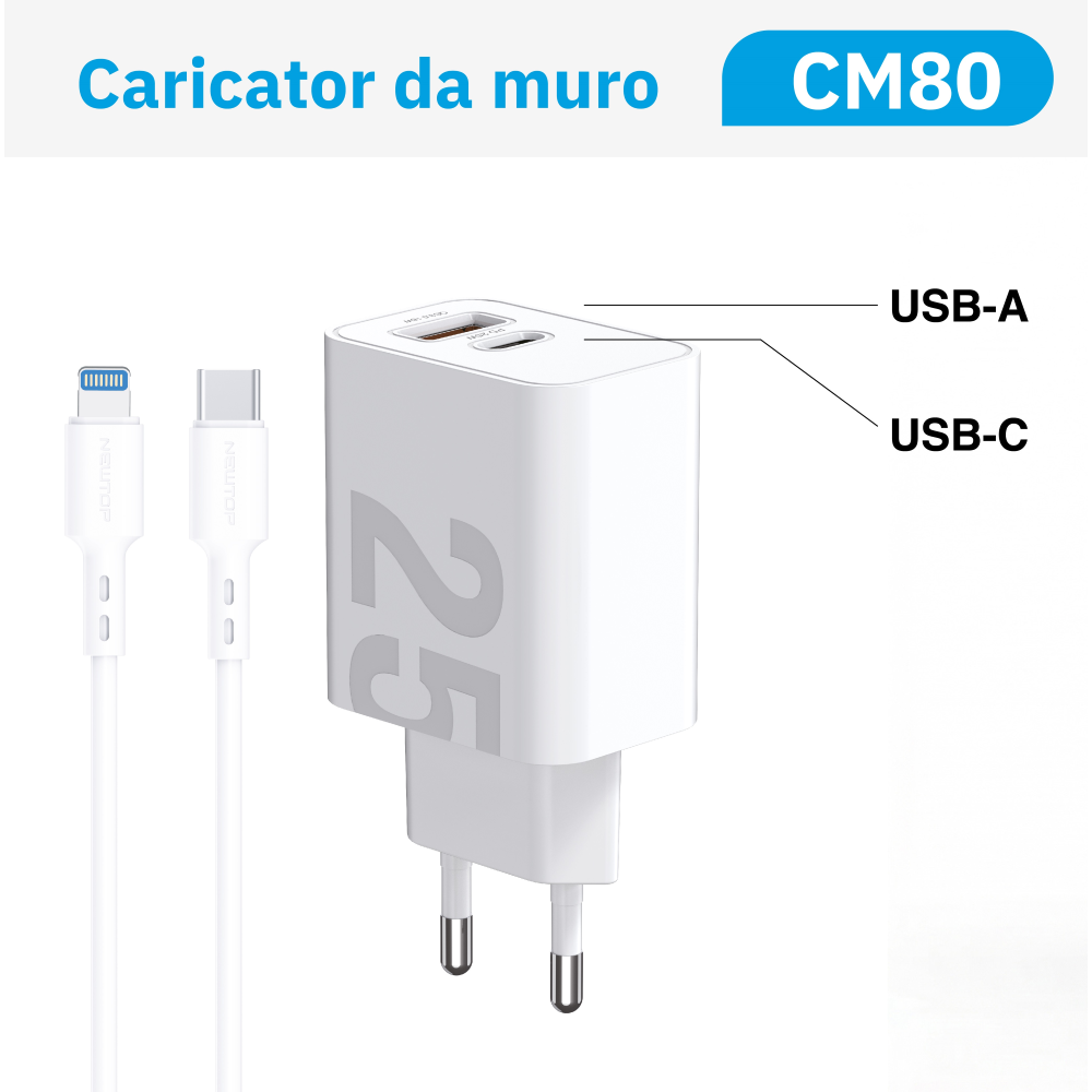 NEWTOP CM80 CARICATORE DA MURO QC 3.0 + PD 25W CON CAVO TYPE-C/LIGHTNING
