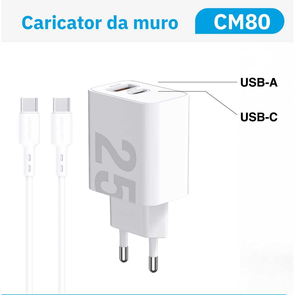 NEWTOP CM80 CARICATORE DA MURO QC 3.0 + PD 25W CON CAVO TYPE-C/TYPE-C