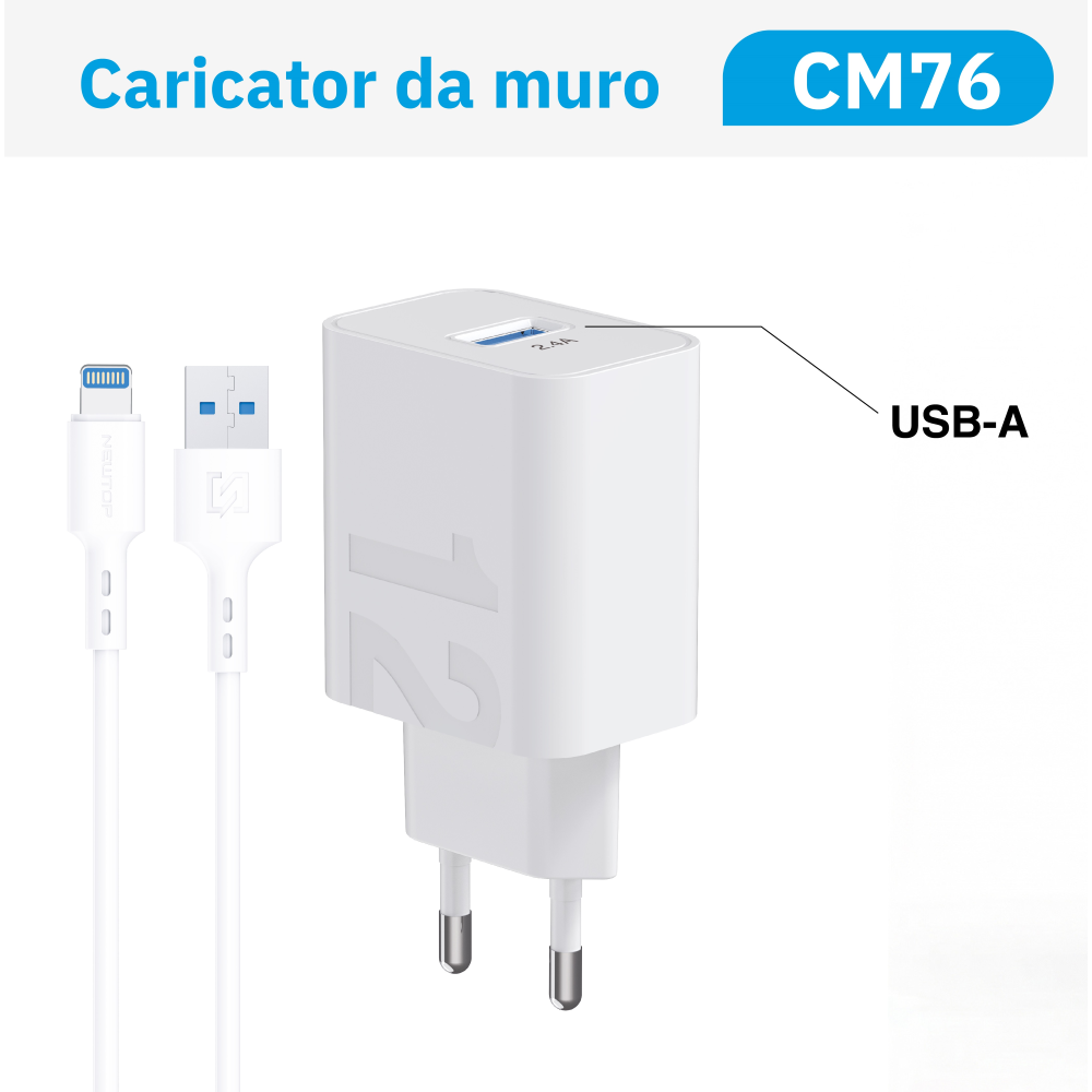 NEWTOP CM76 CARICATORE DA MURO 1USB 12W CON CAVO USB/LIGHTNING