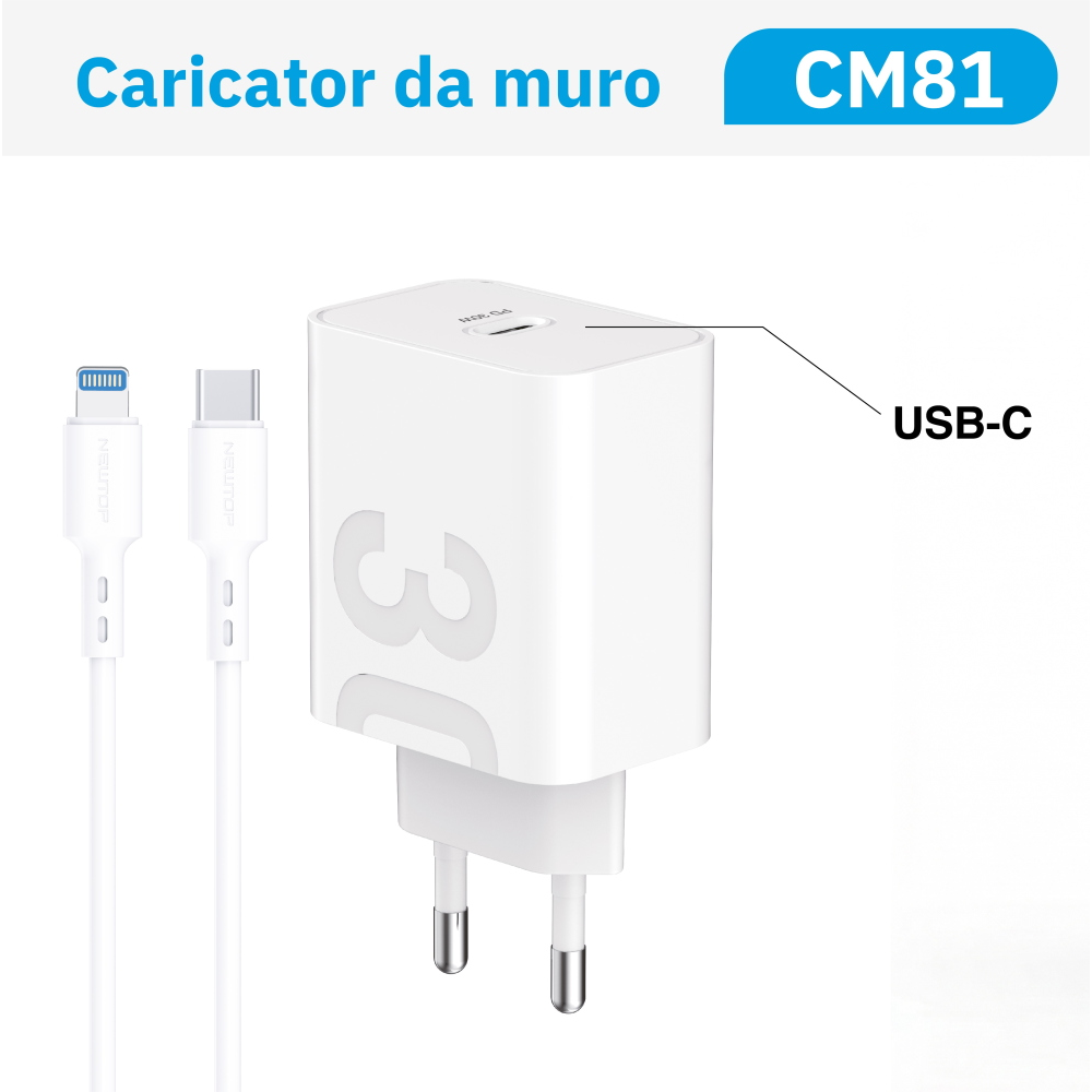 NEWTOP CM81 CARICATORE DA MURO PD 30W CON CAVO TYPE-C/LIGHTNING