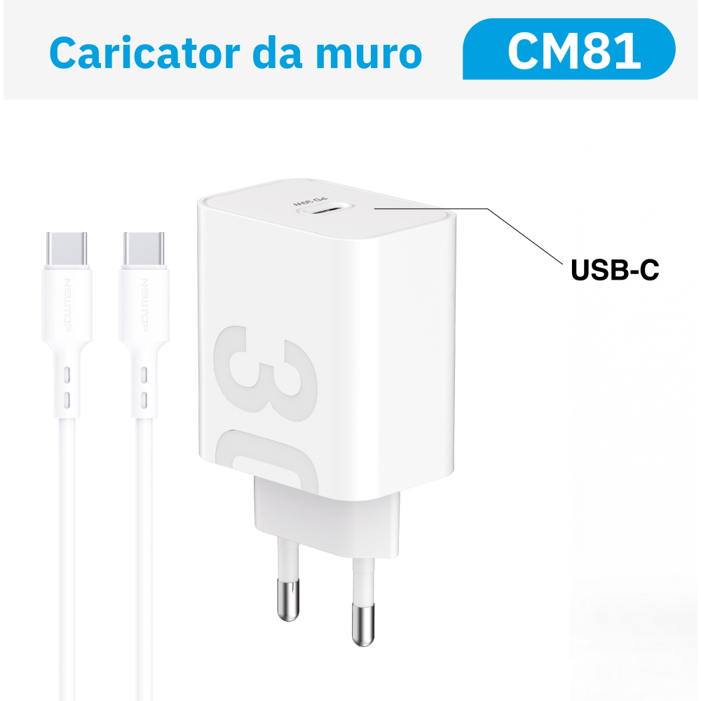 NEWTOP CM81 CARICATORE DA MURO PD 30W CON CAVO TYPE-C/TYPE-C
