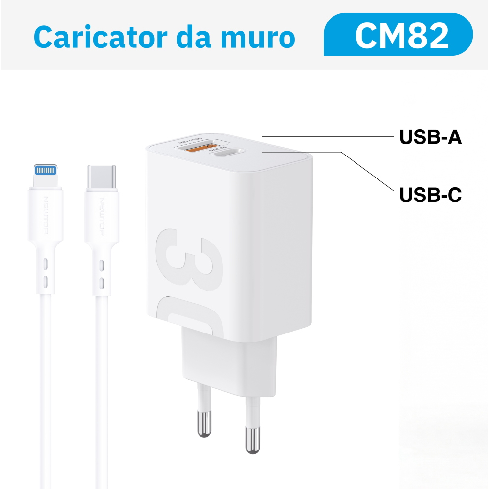 NEWTOP CM82 CARICATORE DA MURO QC 3.0 + PD 30W CON CAVO TYPE-C/LIGHTINING