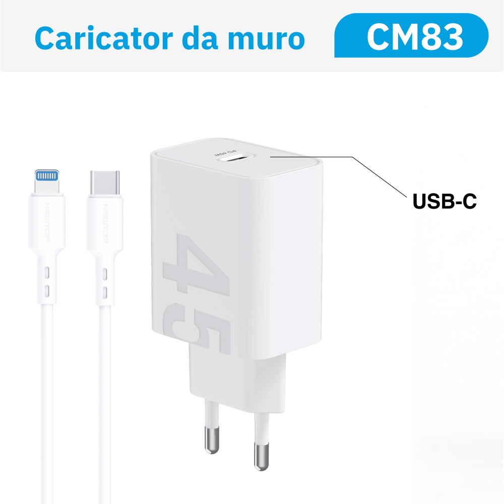 NEWTOP CM83 CARICATORE DA MURO PD 45W CON CAVO TYPE-C/LIGHTNING