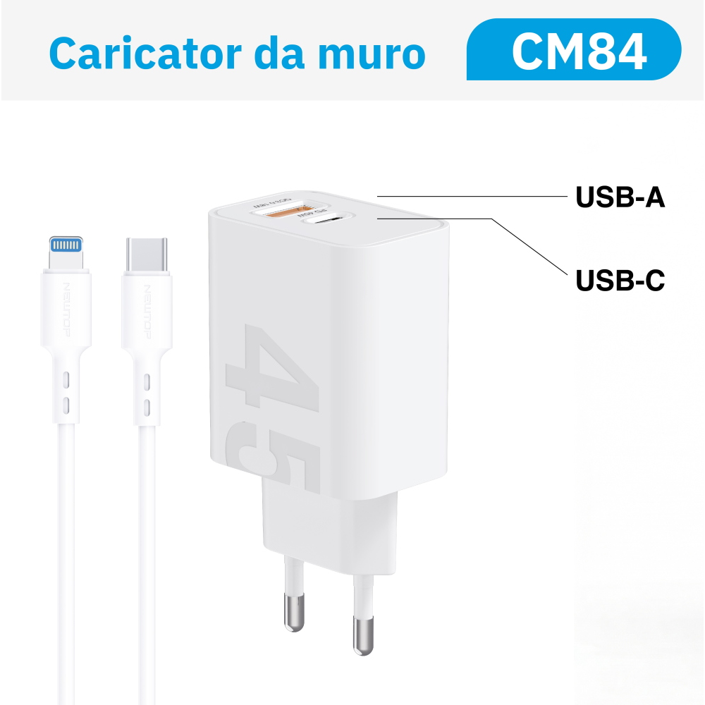NEWTOP CM84 CARICATORE DA MURO QC 3.0 + PD 45W CON CAVO TYPE-C/LIGHTNING