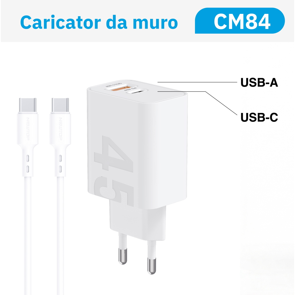 NEWTOP CM84 CARICATORE DA MURO QC 3.0 + PD 45W CON CAVO TYPE-C/TYPE-C