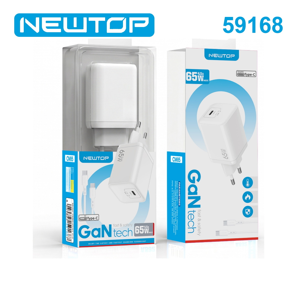 NEWTOP CM85 CARICATORE DA MURO GAN 65W CON CAVO TYPE-C/TYPE-C