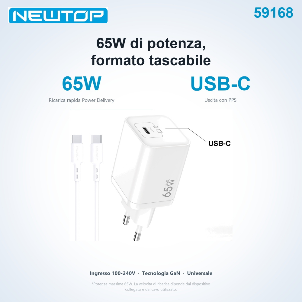 NEWTOP CM85 CARICATORE DA MURO GAN 65W CON CAVO TYPE-C/TYPE-C