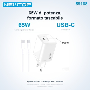 NEWTOP CM85 CARICATORE DA MURO GAN 65W CON CAVO TYPE-C/TYPE-C